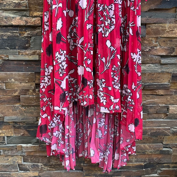 Self-Portrait Floral Chiffon Maxi Dress Red Cold Shoulder Pleated Hi-Low Size SM - Picture 11 of 16